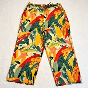 Calligraphie Floral Wide Leg Pants Drawstring Linen Blend Casual Vacation Large